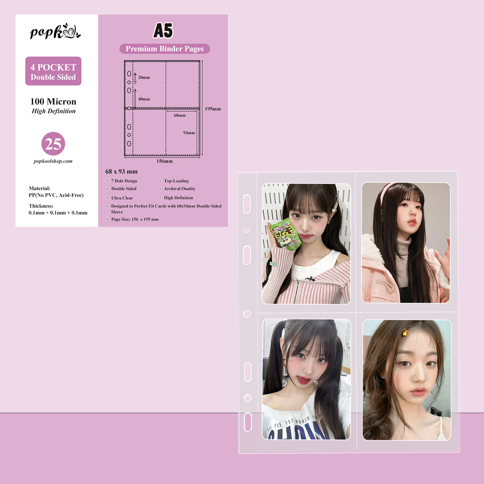CeyiJun Kpop Photocard Binder Refills, Double Sided Sleeves, 100 Microns, Clear (A5 4-Pocket 25)