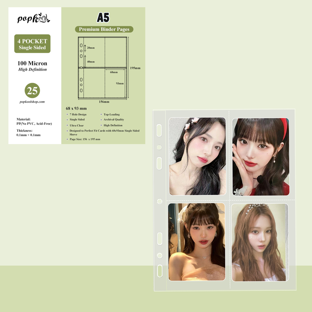 CeyiJun Kpop Photocard Binder Refills, Single Sided Sleeves, 100 Microns, Clear (A5 4-Pocket 25)