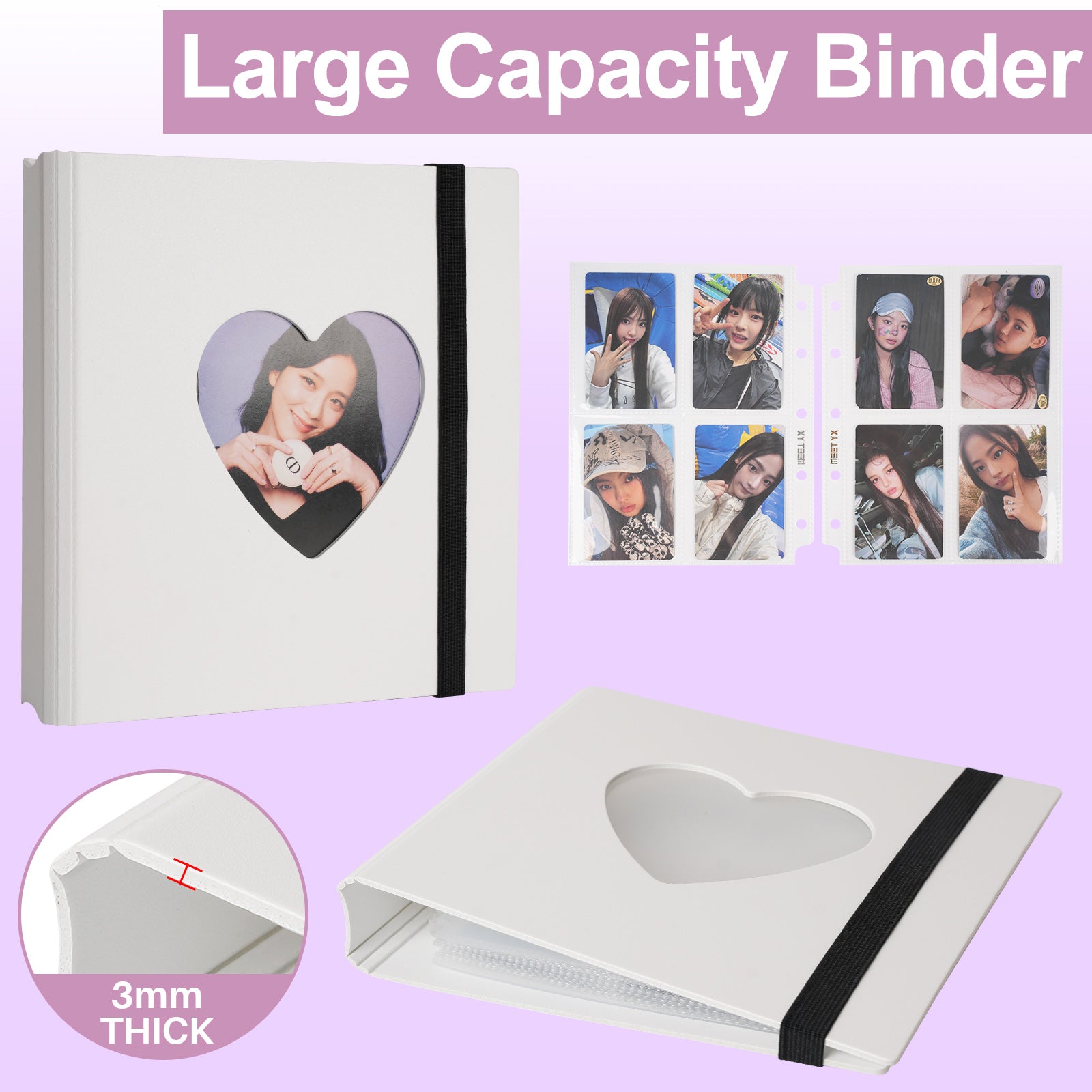 CeyiJun Heart Minimalist Photocard Binder with 30 Pages 4 Pocket Single Side Inner Refills and 2 Divider Acid-Free