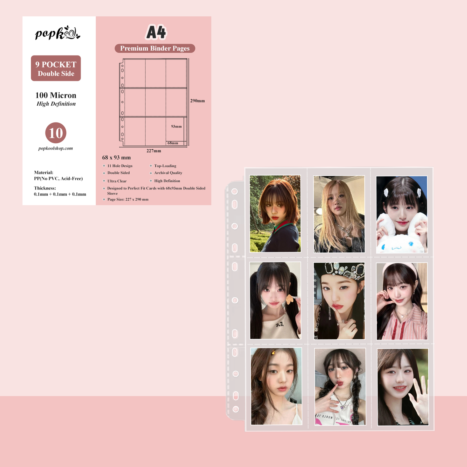 CeyiJun Kpop Photocard Binder Refills, Double Sided Sleeves, 100 Microns, Clear (A4 9-Pockect 10)