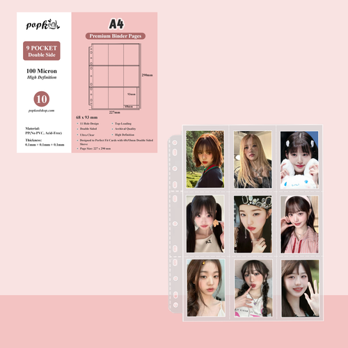 CeyiJun Kpop Photocard Binder Refills, Double Sided Sleeves, 100 Microns, Clear (A4 9-Pockect 10)